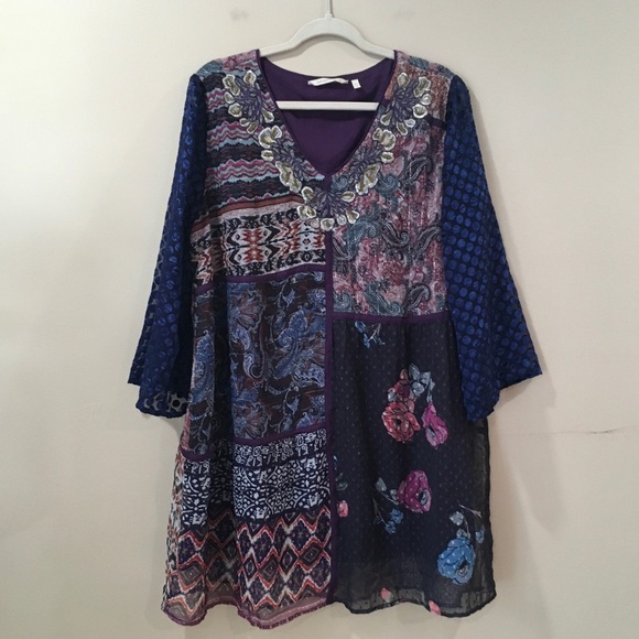 Soft Surroundings Women's XL Top Embroidered Beaded Patchwork Mixed Media Tunic - Picture 1 of 7